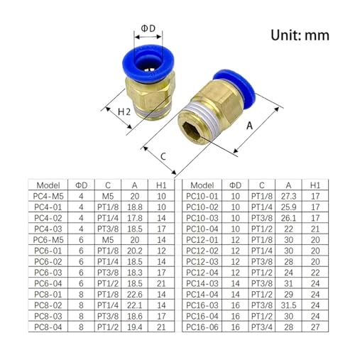 Conector neumático de latón 1/4 M5 de alta resistencia mecánica PC 3
