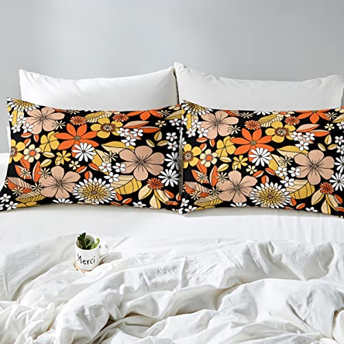 Vintage 60S 70S Groovy Floral Bedding Set Twin,Retro Hippie Flowers Bed Sheets Boho Psychedelic Style Fitted Sheet Natural Garden Botanical Bed Cover 2 Piece,Aesthetic Room Decor For Teen Girls #TOP3