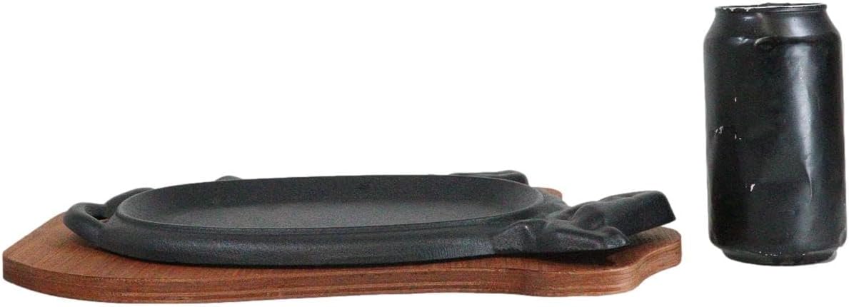 Ebros Gift Personal Size Cow Shaped Cast Iron Unseasoned Sizzling Fajita Pan Skillet Japanese Steak Plate With Wood Underliner Trivet Base Restaurant Home Kitchen