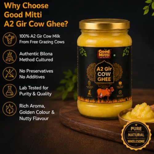 Image of Good Mitti A2 Gir Cow Ghee 250 ML | Traditional Bilona Method Cultured Desi Ghee | Grass Fed Pure Cow Ghee | Lab Tested, Natural & Healthy | Rich Aroma | Healthy Cooking Cow Ghee | Glass Jar | Indian Gir Cow Ghee