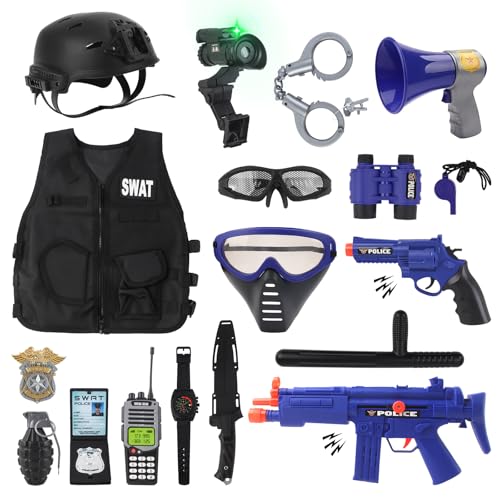 deAO Jeux De Rôle De Police Deguisement, Enfant Policier Costume Gilet, Vestes Ensemble De Costume De Police avec Casque menotte Lunettes Walkie Talkie etc,...