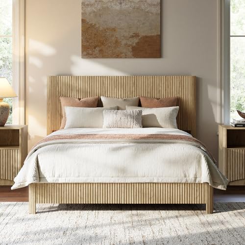 Image of Evermagin Oak Queen Bed Frame with Headboard, Mid Century Modern Fluted Platform Bed, Boho Wooden Bed Base No Box Spring Needed, Wavy Grooved Panel