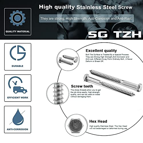 Image of 5 /16 inch x 1-1 /4 inch Hex Head Lag Screws Bolts 10Pcs 304 Stainless Steel 18-8, Partial Thread, Hexagon Head Wood Screws by SG TZH