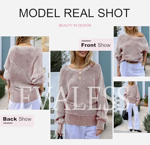 Image of EVALESS Striped Sweaters for Women Boat Neck Batwing Sleeve Oversized Pullover Sweater Tops Womens Fall Clothes Outfits