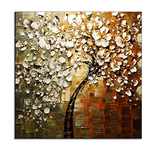 QUANHUA Handgemaltes weiße Blumen Ölgemälde auf Leinwand Große braun Palette 3D-Bilder for Wohnzimmer Moderne abstrakte Wand-Kunst-Bilder,A,24" x 24" (60cm x 60cm) Cover