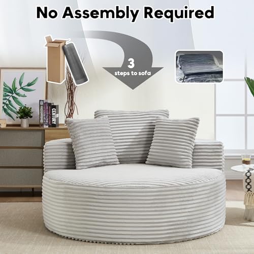 Image of Oversized Round Chair Lounge Chaise Indoor, 55.5 inch Upholstered Corduroy Deep Seat Single Cloud Sofa Chair, Fluffy Modern Large Circle Boneless Sleeper Sofa for Living Room, Bedroom, Grey