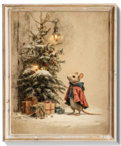 Vintage Christmas Mouse Canvas Wall Art Print, Cottagecore Farmhouse Xmas Wall Decor, Retro Rustic Winter Holiday Art Print, Aesthetic Cute Mouse Decor for Nursery Bedroom, 8" x 10" UNFRAMED
