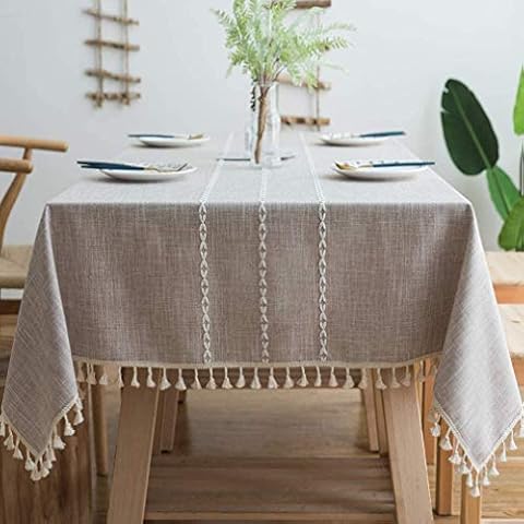 Pahajim Round Tablecloths Wipeable Washable Cotton Linen Table Cloth Wrinkle Free Tassel Decoration for Coffee Table, Kitchen, Dining, Tabletop Decoration(brown,55 x 55 inch) Cover