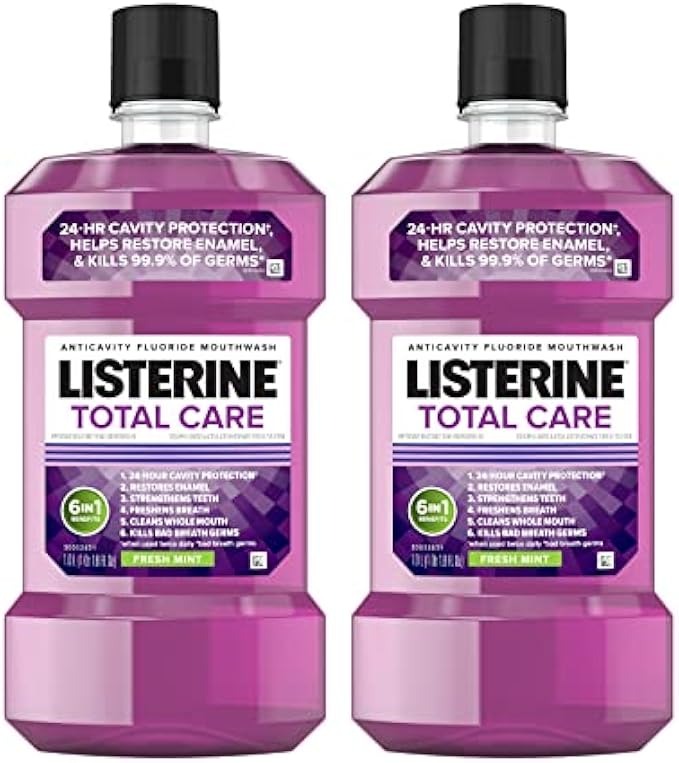 Listerine Total Care Anticavity Fluoride Mouthwash for Bad Breath, Fresh Mint, 2 x 1 L