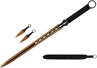 Wartech K1020-64-GD 440 Stainless Steel Full Tang Blade Ninja Hunting Machete Sword with Throwing Knives (2 Piece), 27", Gold