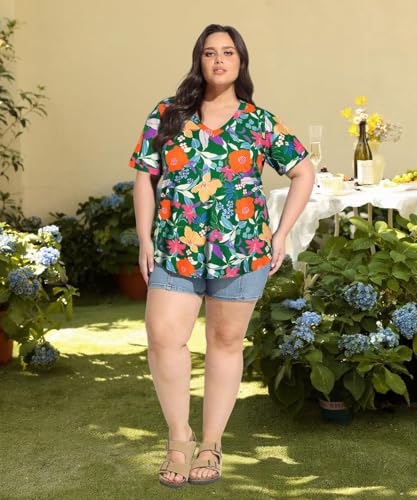Image of TIYOMI Plus Size Tops for Women V Neck Tshirts Basic Tunic Casual Hawaii Floral Tie Dye Camo Summer Short Sleeve Tee XL-5XL