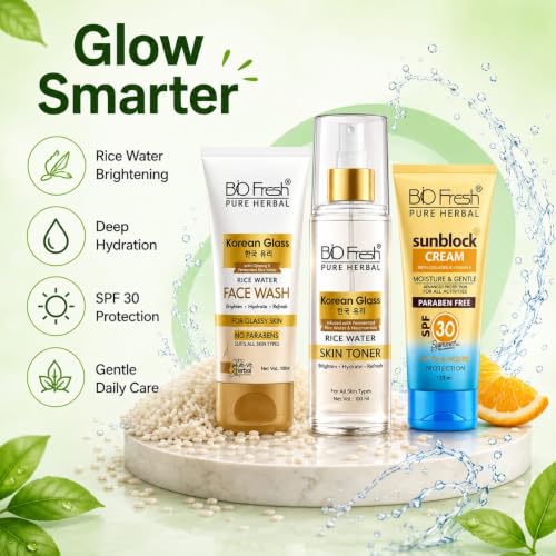 Image of BIOFRESH Korean Glass Skin Care Combo Kit | Rice Water Face Wash + Rice Water Toner with Niacinamide + SPF 30 Sunscreen | Brightening, Hydrating & Sun Protection Routine | Daily Skincare Set for Women & Men