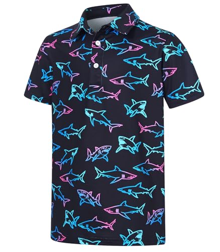 Cuddomper Boys Polo Shirt Size 13-14 Short Sleeve Golf Hawaiian Clothes Neon Shark Performance Dry Fit Tops...