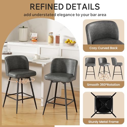 Image of Swivel Bar Stools Set of 6, 26 inch Counter Height Bar Stools with High Back and Metal Legs, Faux Leather Bar Chairs, Modern Barstools for Kitchen Island, Light Grey