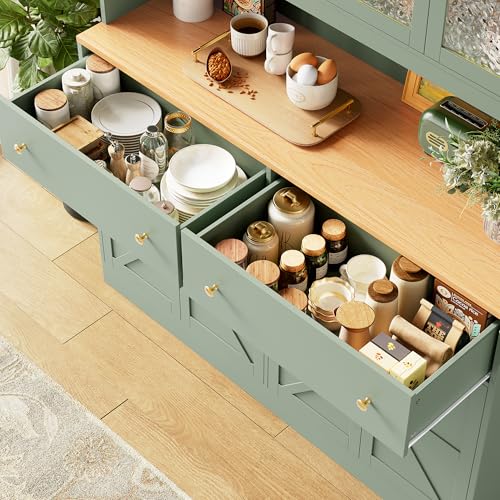 Image of FINETONES 71 inch Pantry Cabinet with LED Light and Charging Station, Farmhouse Kitchen Pantry Cabinet with Microwave Stand, 47.2 inch Wide Kitchen Hutch Food Pantry with Open Countertop, Green