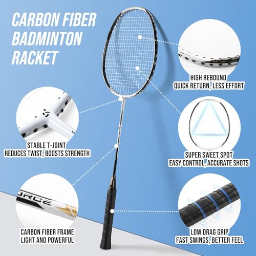 Image of Professional Badminton Set with Carbon Aluminum Badminton Rackets Set of 4, Outdoor Portable Badminton Net with Winch System, 4 Nylon Badminton Shuttlecocks and Bag