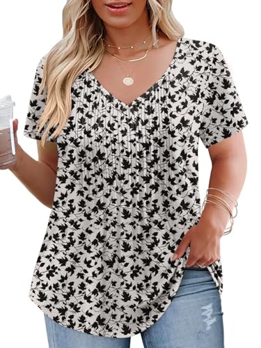 DOLNINE Plus Size Tops for Women Summer Casual V Neck T Shirts Dressy Short Sleeve Floral Blouses Loose Fit Pleated Tunic