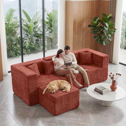 Image of MONVANE 103'' Oversized Boneless Sectional Couches for Living Room, 4-Seat L Shaped Cloud Couch, Modular Sofa with Ottoman & 4 Throw Pillows, Comfy Chenille, No Assembly Required, Red