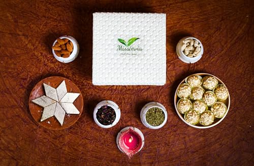 Image of MISSTEVIA Sugar Free Sweets Gift Box 310g | Stevia Sweetened | Kaju Katli 125g| Cashew Almond Dry Fruit Laddu 125g | Meetha Paan 30g | Sweet Saunf 30g| Sugar free Mithai| Kids & Diabetic Friendly| Low Carb Low Calorie Ladoo| Gift Box for any occassion