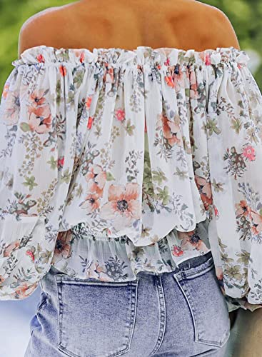 BLENCOT Summer Sexy Off Shoulder Tops for Women Boho Ruffle Sleeve Floral Chiffon Shirts Blouses2