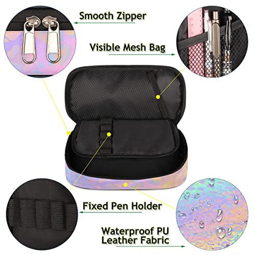 Image of Leopard Print Leather Pencil Case Pen Holder Large Capacity Black Stationery Organizer Pencil Bag with Zipper for Boys Girls Rainbow Leopard Skin Pencil Pouch Storage Box for School College Office
