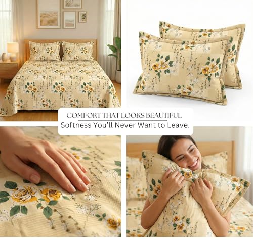 Image of VAS COLLECTIONS 300 TC Premium Cotton Bedsheet Set Double Bed | Soft Breathable Flat Sheet with 2 Pillow Covers | Luxury Printed Bedding | Elegant Durable Bed Linen 230x254 cm (Warm Beige)