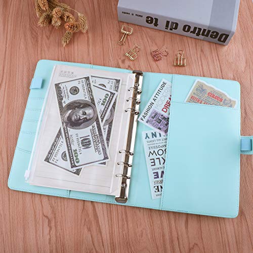 Image of Antner A5 Notebook Binder 6 Ring Refillable Budget Planner Cover for Cash Organizer, PU Leather Loose Leaf Photocard Holder Aesthetic Binder with Magnetic Buckle for A5 Planner Inserts, Mint Blue