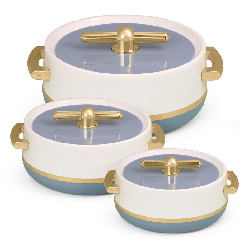 Selvel Elegance Royal Inner Steel Casserole Set of 3 (1700ml, 1200ml, 600ml) | P.U. Insulation | Chapati, Roti, Biryani | Stone Blue Keeps Food hot & Fresh for Long Hours