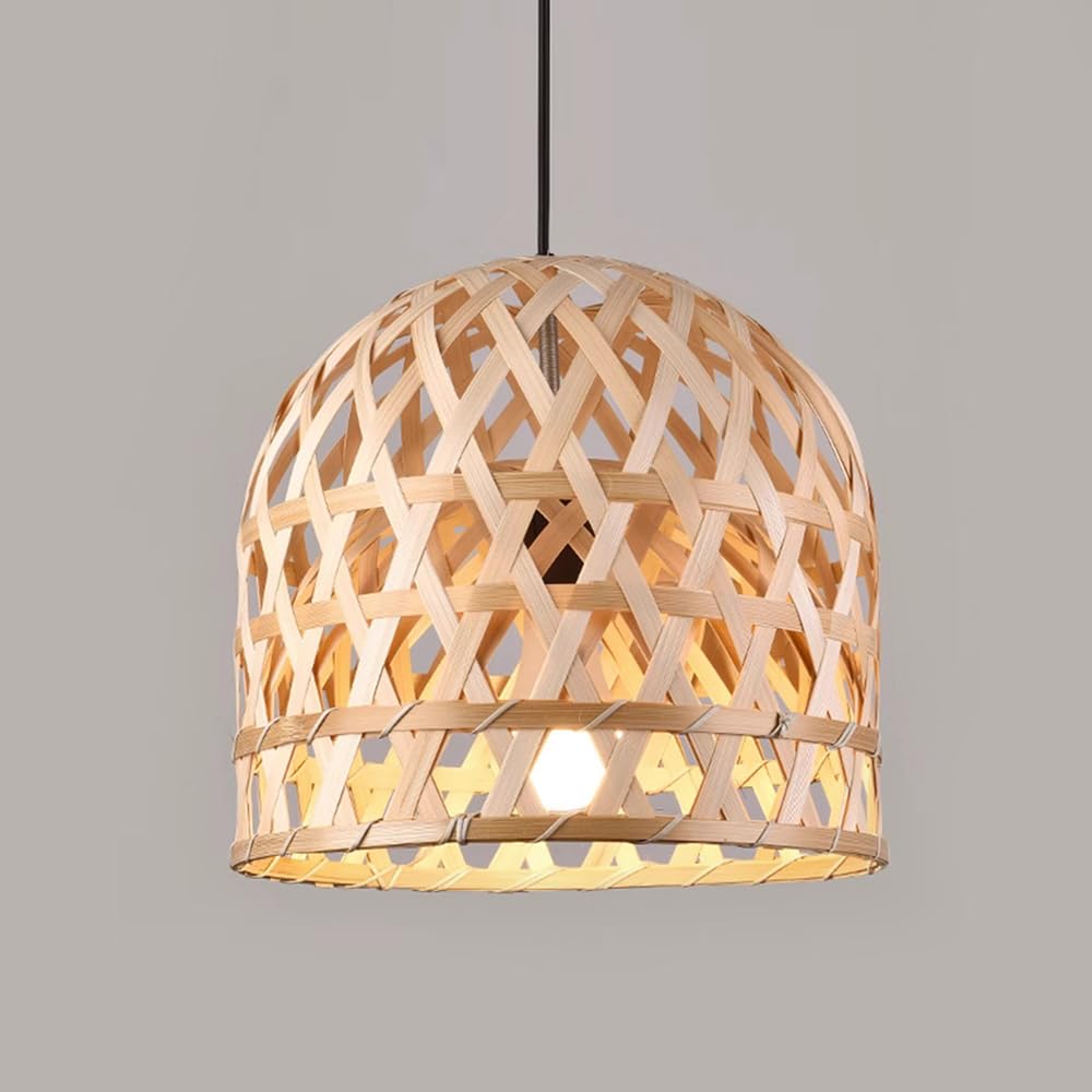 LYMSXAZOU 11.8" Natural Rattan Chandelier Pendant Lights Dome Woven Light Fixture Fitting Japanese Lantern Shades Room Decor for Bedroom Kitchen Island