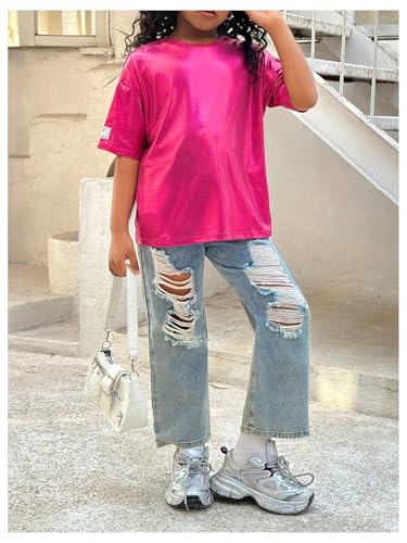Image of Verdusa Girl's Metallic Oversized T-Shirt Disco Outfits Crew Neck Loose Y2k Dance Tops
