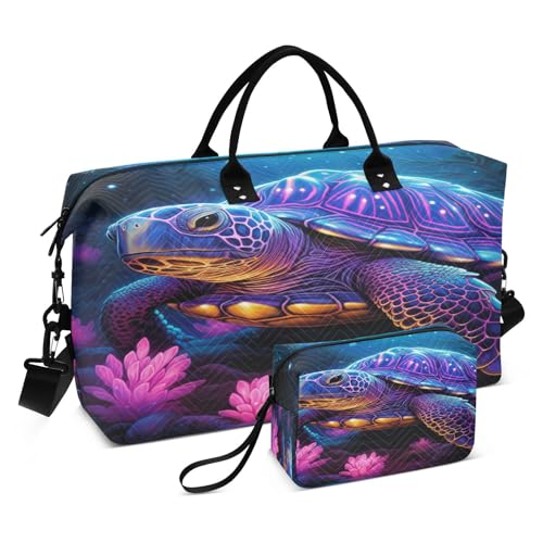 Purple Fancy Sea Turtle Sports Swim Gym Bag Weekender Duffel Travel Bags Handbag with Makeup Storage Bag for Girls Men