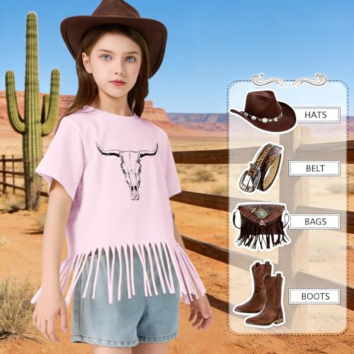 Image of Wrenpies Girls Western Fringe Shirt Long Live Cowgirls Country Rodeo Shirts Kids Cow Skull Graphic Tees Tassel Fringe Tops