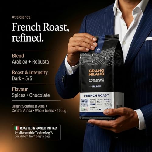 Grano Milano Coffee Beans 6kg (6 x 1kg Bags) French Roast Robusta Blend, Dark Roast, Intensity 10/10 Extra Strong Coffee, Made in Italy - 3