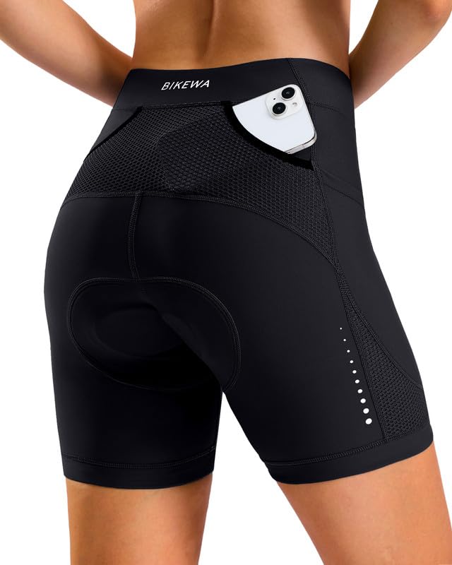 Bikewa Women's Bike Shorts 4D Gel Padded with Pockets Road Cycling Biking Bicycle Shorts for Women(Black,S)