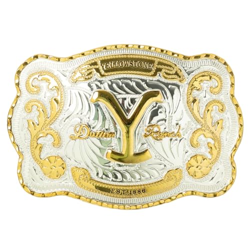 STARS & STRIPES Yellowstone Gürtelschnalle GS-611 Goldfarbenes Yellowstone-Logo & Dutton Ranch Schriftzug