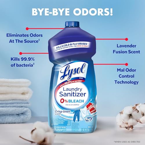 Image of Lysol Disinfectant Laundry Sanitizer, Laundry Detergent Additive, Color Safe Bleach Alternative, Laundry Odor Eliminator, Kills Bacteria & Viruses, Crisp Linen Scent, 40 fl oz (pack of 4)