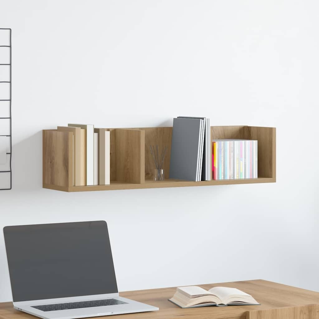 Scaffale da parete per CD in rovere Artisan, 75 x 18 x 18 cm, mensola sospesa in legno, mensola per DVD da parete con 3 scomparti per collezioni musicali, libri e decorazioni