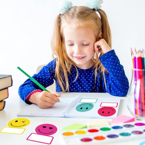 Image of Whaline 135Pcs Rainbow Smile Face Name Tag Sticker Back to School Nameplate Decals 9 Designs Happy Face Bright Colors Desk Labels for Classroom Bulletin Board Office Wall Decor
