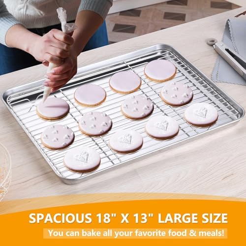 Homikit Baking Sheet Pan with Rack Set, 18" x 13" Nonstick Half Cookie Sheets for Baking Cooking Tray with Wire Cooling Rack, Stainless Steel Bakeware Bacon Pans for Oven Toaster, Dishwasher Safe - Thumbnail 5