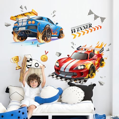Tanlaby 2 Large 3D Racing Cars Wall Stickers Red Blue Car Trophies Wall Decals Vinyl Removable Wall Art for Boys Bedroom Kids Room Playroom Wall Decor Tanlaby 2 Large 3D Racing Cars Wall Stickers Red Blue Car Trophies Wall Decals Vinyl Removable Wall Art for Boys Bedroom Kids Room Playroom Wall Decor