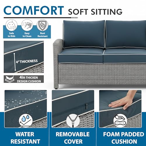 Image of OUTLIVING Outdoor Sofa Set || Patio Furniture Sets || Balcony Sofa || Indoor Sofa || Wicker Rattan Garden Sofa Set with Cushion and Center Table (6 Seater Grey with Navy Blue Cushions)