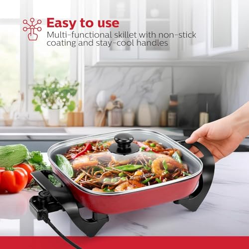 Image of VBM Multi-Functional Electric Hot Pot Skillet with Vented Glass Lid Frying Pan Nonstick Cooking Sauteing, Simmering and Braising 1400W Temperature Control Non-Stick Coating Cooker For Kitchen