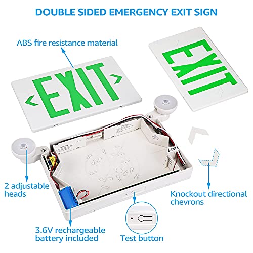 Torchstar Green Exit Sign With Emergency Lights, Ul 924, Two Led Adjustable Head, Emergency Exit Light With Battery Backup, Double Face, Ac 120/277V, Exit Signs For Business, Damp Location, Pack Of 2 #TOP6
