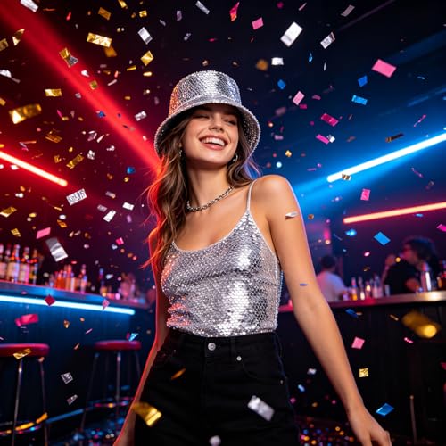 Image of Unisex Metallic Bucket Hat Waterproof Holographic Bucket Hat Fishing Hat Trendy Hip Pop Sun Cap