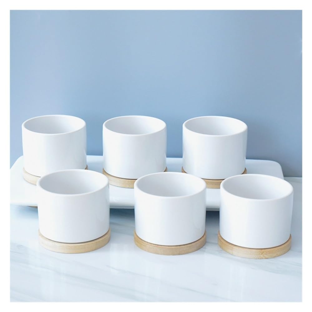 Doniczki Doniczki ceramiczne w kolorze czystej bieli z drewnianą tacą, rośliny kwiatowe, kwiaty, zielona uprawa, doniczki