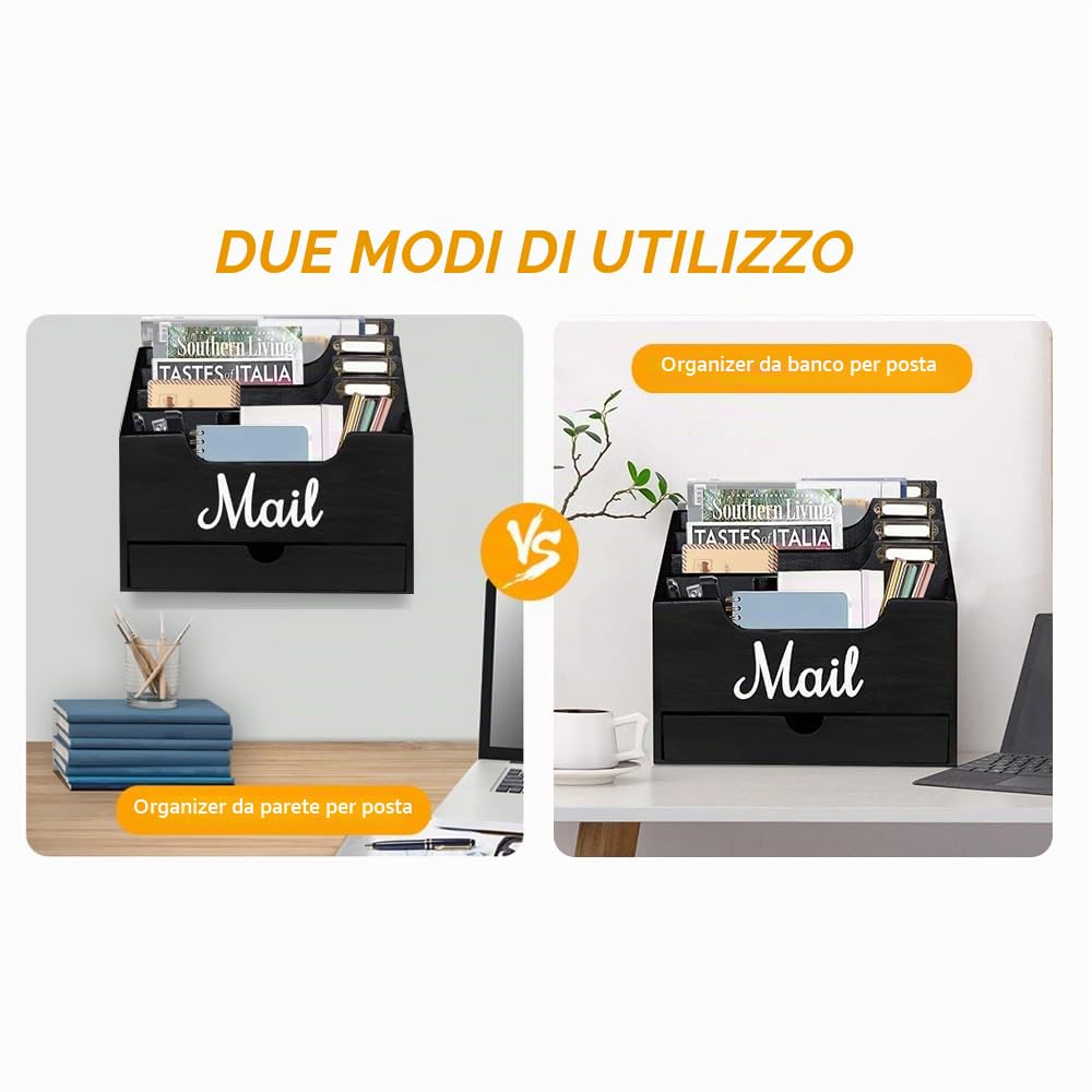Organizzatore di Posta da Scrivania in Legno con 4 scomparti e cassetto, Organizzatore per Cartelle di Carta e Lettere, Organizer per Cartelle per Scrivania per Lettere Cancelleria, Nero