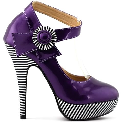 SHOW STORY Grape Flower Ankle Strap Stripe Stiletto High Heel Platform Pumps,LF30404DP39,8US,Grape Cover