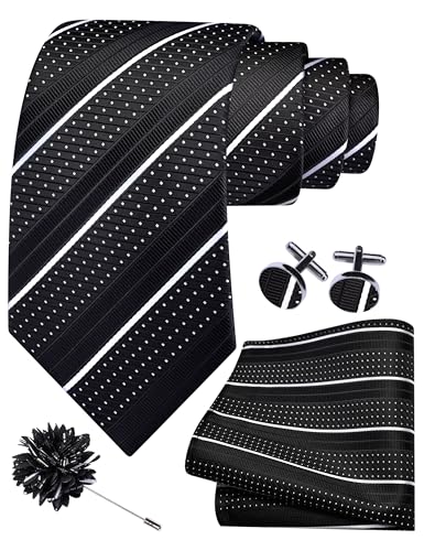 GUSLESON Men's 4-pc Striped Tie Set - Jacquard Necktie, Pocket Square, Cufflinks, Lapel Pin - Wedding Formal Gifts