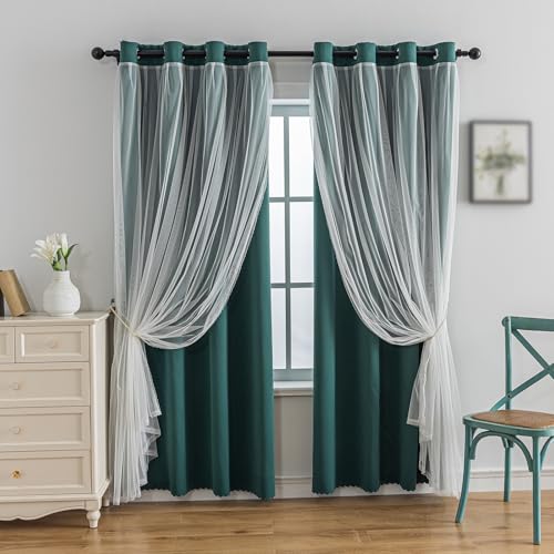 Image of Anytime Double Layer Blackout Curtains 2 Panels, 52Wx120L,Dark Green | Sheer And Fabric Window Drapes Grommet Top Solid Color Bedroom Living Room Home Decor