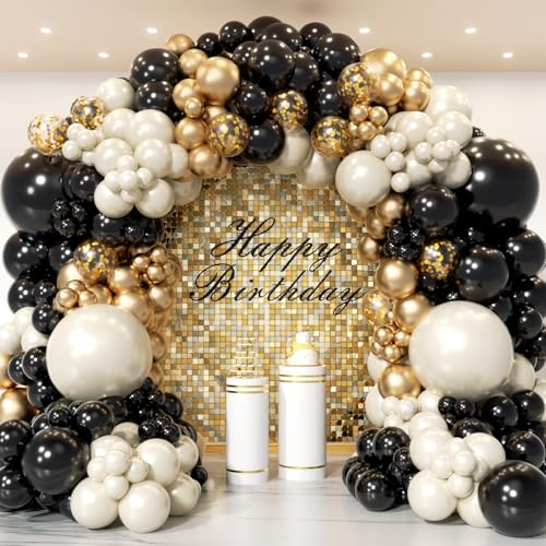 Image of Black and Gold Balloon Arch Garland Kit 150pcs 2026 New Year's, Double Stuffed Pearl Sand White Black Chrome Gold Balloons Arch Kit for Graduation Father's Day Birthday Party Decoration